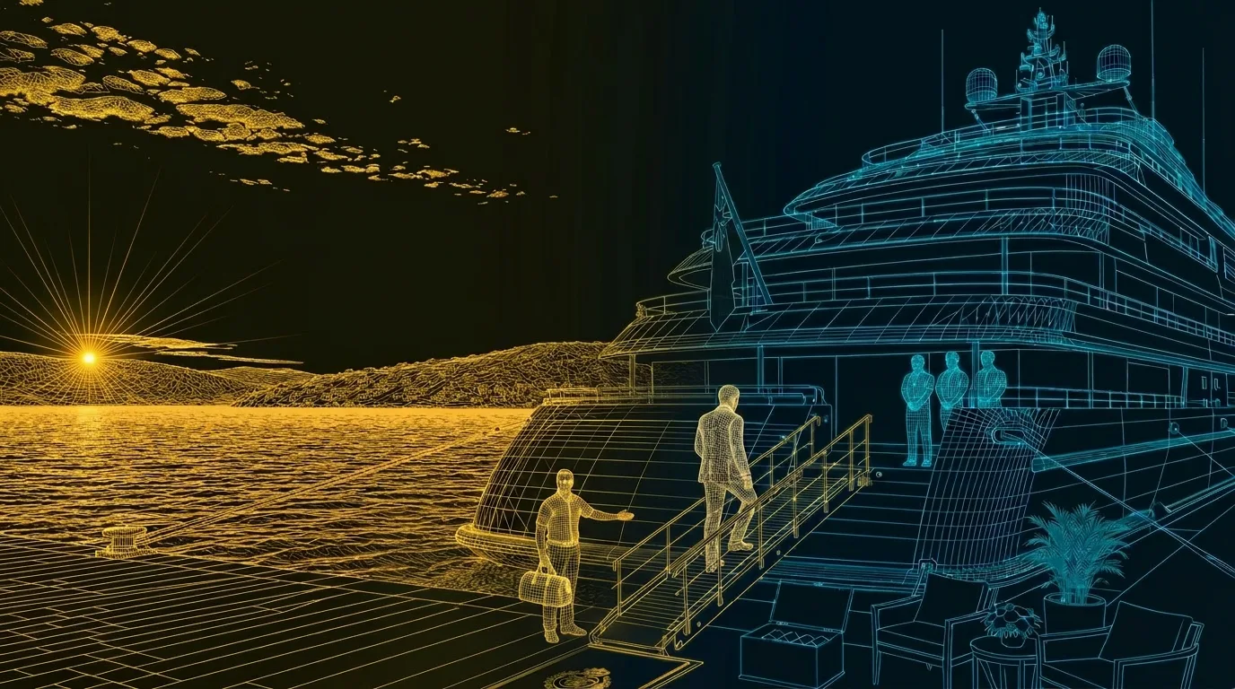 Wireframe illustration of a guest boarding a superyacht via the passerelle, at sunset